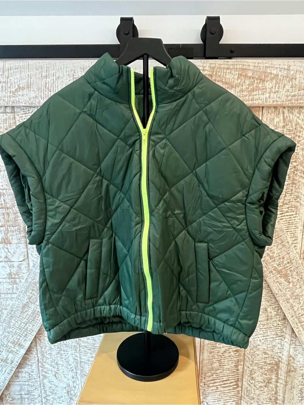 Short-Sleeve Quilted Vest in Forest Green with Neon Lime Zip